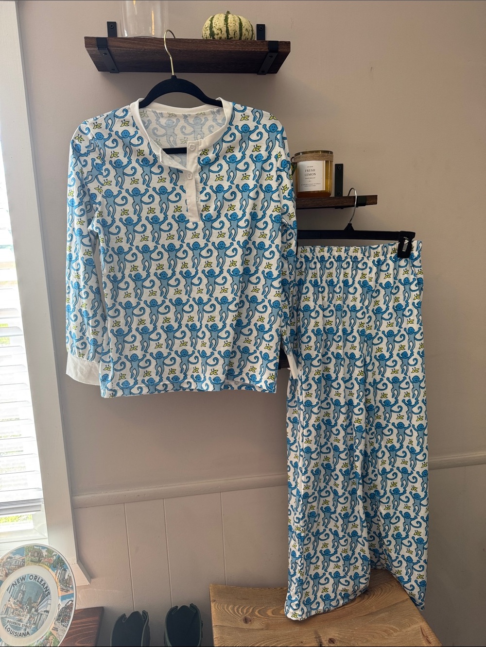 Women's Blue Monkey Print Pajama Set - Long Sleeve Top & Pants Size XS